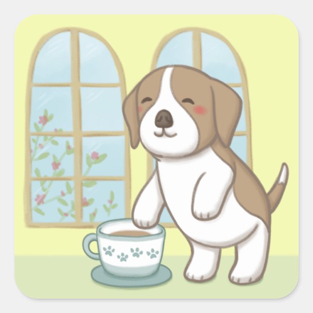 Pegatina Cuadrada Beagle y Copa de Café (Anverso)