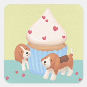 Pegatina Cuadrada Beagles y Ilustracion de torta