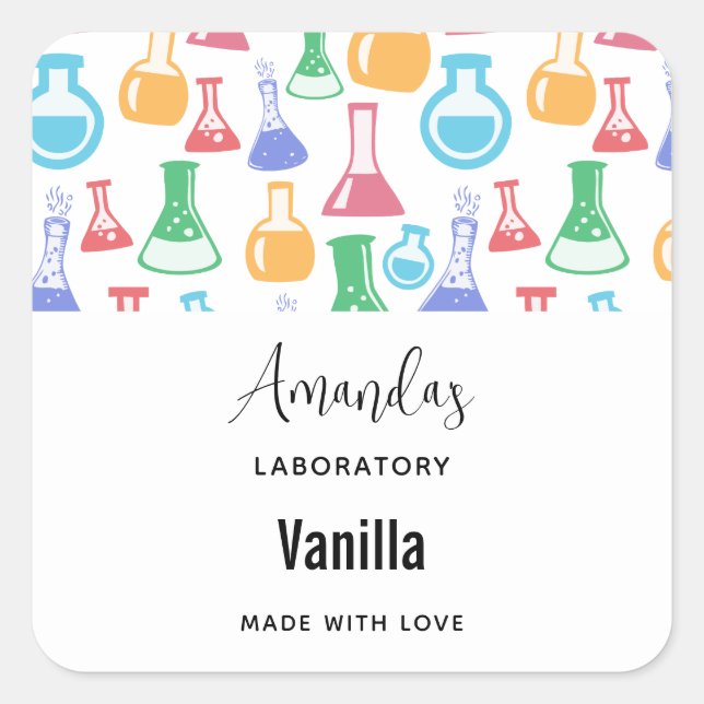 Pegatina Cuadrada Beakers and Flask Fun Pattern Candle Business (Anverso)
