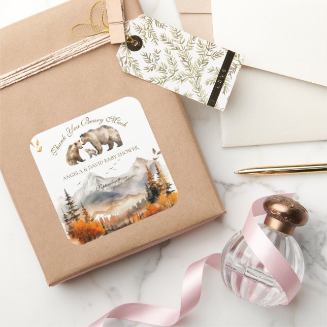 Pegatina Cuadrada Bear Adventure Fall Mountain Neutral Baby Shower (Regalar)