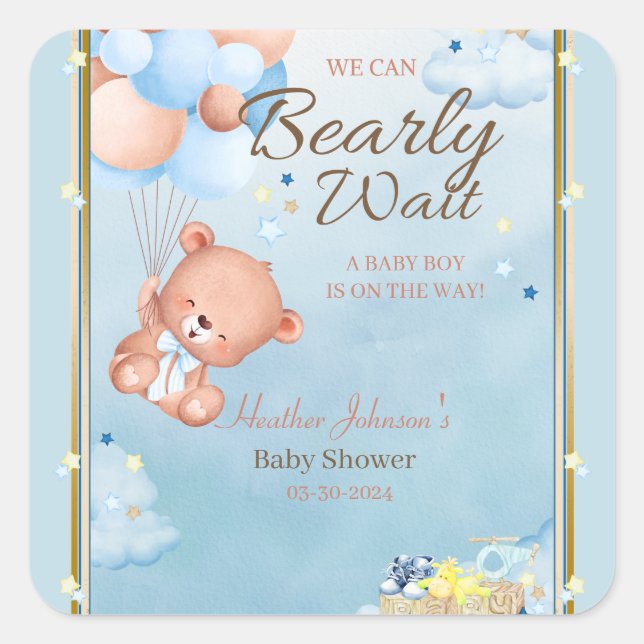 Pegatina Cuadrada Bear Baby Shower Boy (Anverso)