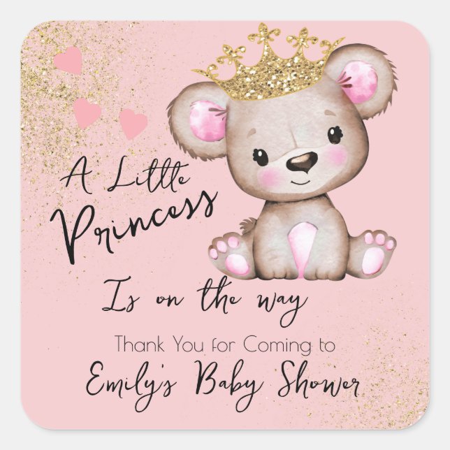 Pegatina Cuadrada Bear Baby Shower Princess Sparkly Pink (Anverso)