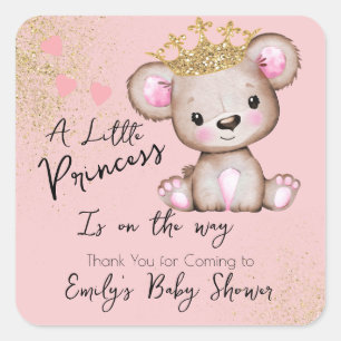 Pegatina Cuadrada Bear Baby Shower Princess Sparkly Pink