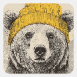 Pegatina Cuadrada Bear in Yellow Beanie Rustic Woodland Animal