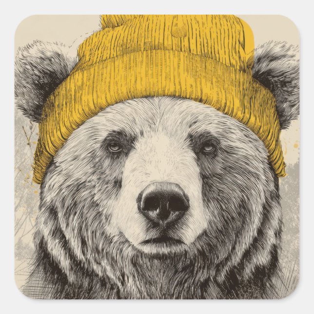 Pegatina Cuadrada Bear in Yellow Beanie Rustic Woodland Animal  (Anverso)