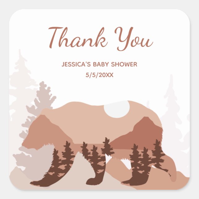 Pegatina Cuadrada Bear Mountain Forest Boy Baby Shower (Anverso)