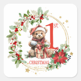 Pegatina Cuadrada Bear Poinsettia Foliage la primera Navidad del beb