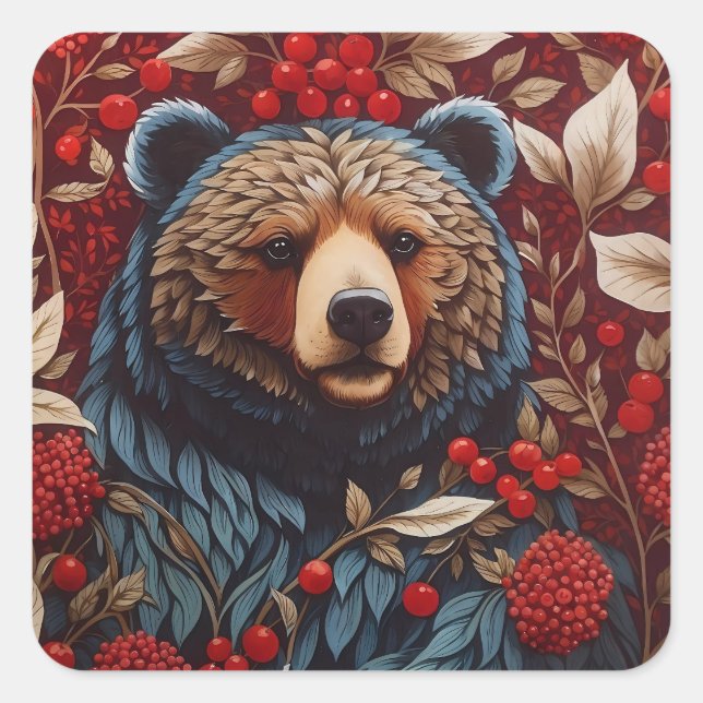 Pegatina Cuadrada Bear rojo Berries William Morris inspirado (Anverso)