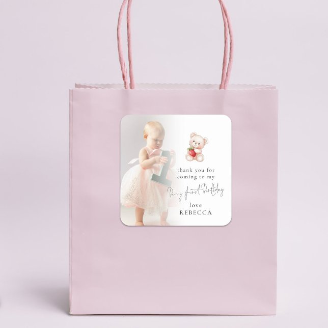 Pegatina Cuadrada Bear Strawberry Photo Berry Primer Cumpleaños Grac (Subido por el creador)