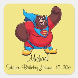 PEGATINA CUADRADA BEAR SUPERHERO BIRTHDAY YELLOW