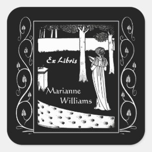 Pegatina Cuadrada Beardsley Nouveau Lady Reader Bookplate