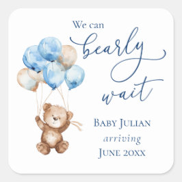 Pegatina Cuadrada Bearly Wait Blue Teddy Bear Baby Shower