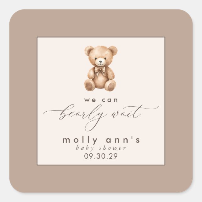 Pegatina Cuadrada Bearly Wait Neutral Simple Baby Shower (Anverso)