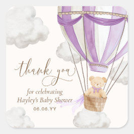 Pegatina Cuadrada Bearly Wait Teddy Bear Lilac Gracias Baby Shower