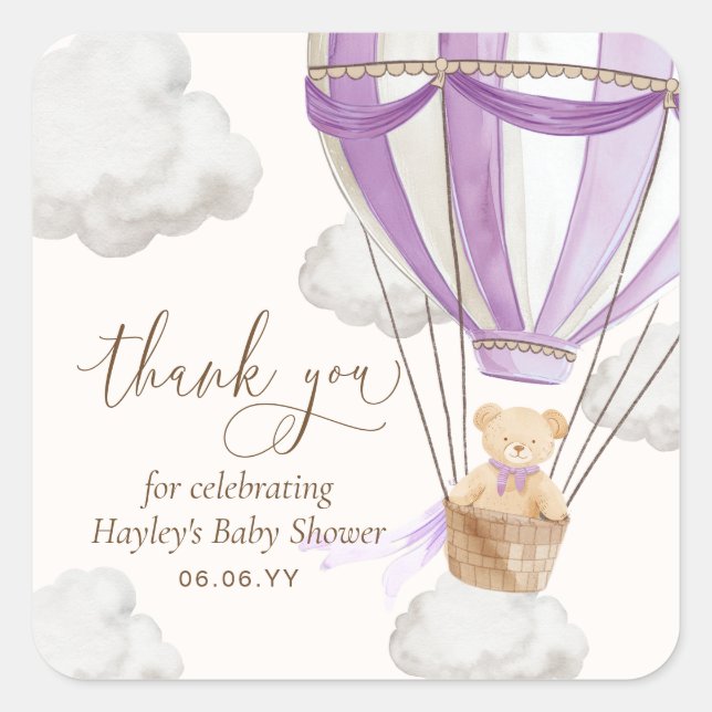 Pegatina Cuadrada Bearly Wait Teddy Bear Lilac Gracias Baby Shower (Anverso)