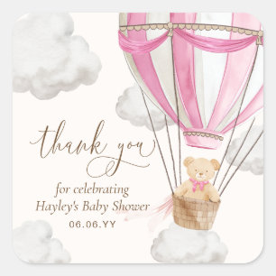 Pegatina Cuadrada Bearly Wait Teddy Bear Pink Gracias Baby Shower