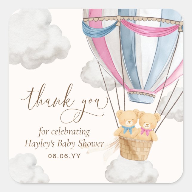 Pegatina Cuadrada Bearly Wait Teddy Bear Thank You Twins Baby Shower (Anverso)