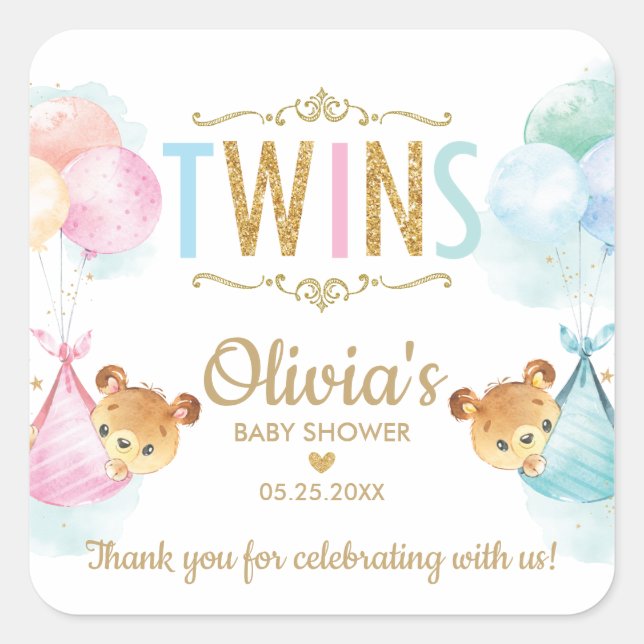 Pegatina Cuadrada Bears Twin Boy Chica Baby Shower Gracias Por Favor (Anverso)