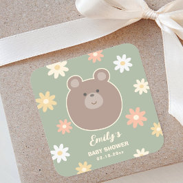 Pegatina Cuadrada Beary Cute Teddy Bear Spring Baby Boy Baby Shower