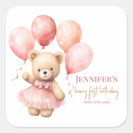 Pegatina Cuadrada Beary First Birthday Square Favor Labels Princes