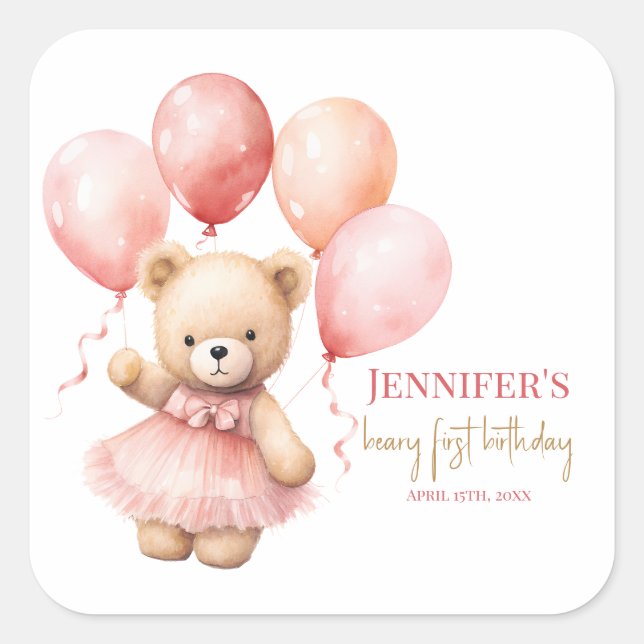 Pegatina Cuadrada Beary First Birthday Square Favor Labels Princes (Anverso)