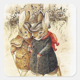 Pegatina Cuadrada Beatrix Potter - Caminata de Invierno Peter Rabbit