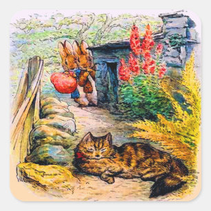 Pegatina Cuadrada Beatrix Potter - conejitos viendo al gato