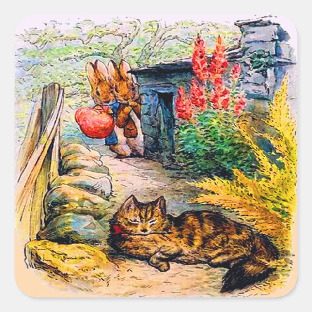 Pegatina Cuadrada Beatrix Potter - conejitos viendo al gato (Anverso)