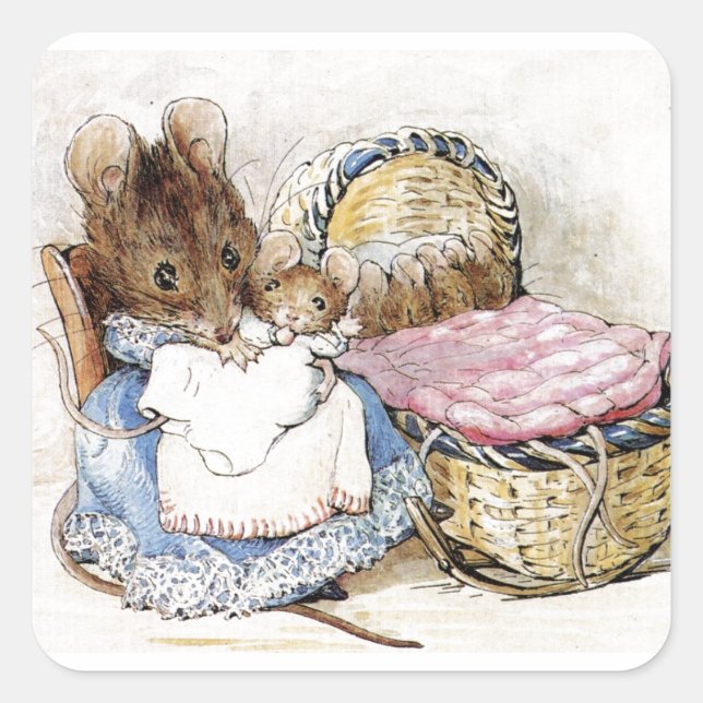 Pegatina Cuadrada Beatrix Potter, Madre Ratón, Hunca Munca, Personal (Anverso)