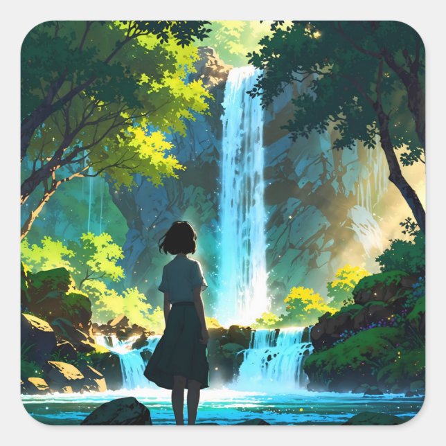 Pegatina Cuadrada Beautiful Anime Waterfall Illustration (Anverso)