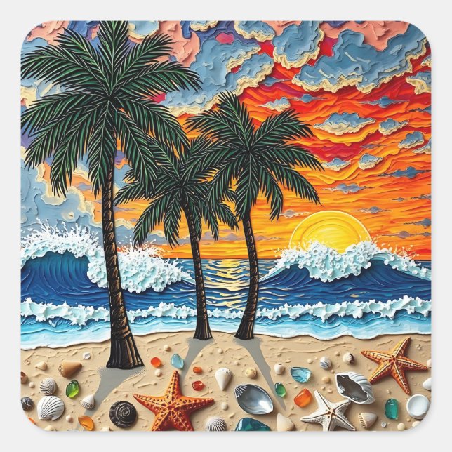 Pegatina Cuadrada Beautiful Beach Scene with Palm Trees (Anverso)
