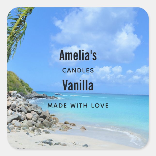 Pegatina Cuadrada Beautiful Turquoise Tropical Beach Candle Business (Anverso)