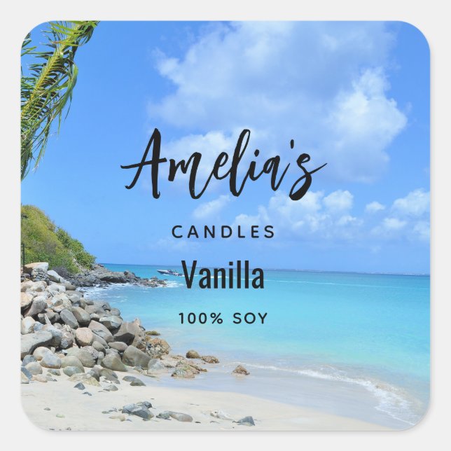 Pegatina Cuadrada Beautiful Turquoise Tropical Beach Candle Business (Anverso)