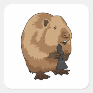 Pegatina Cuadrada Beaver en el Obispo de Ajedrez con pieza de ajedre