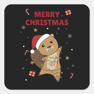 Pegatina Cuadrada Beaver Navidades animados animales de invierno cas