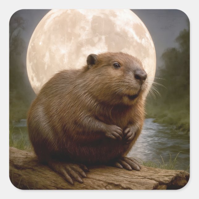 Pegatina Cuadrada Beaver On a Log With Full Moon (Anverso)