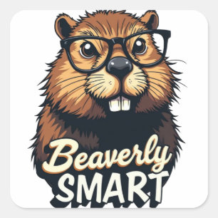 Pegatina Cuadrada Beaverly Smart - Gráfica divertida de castores con