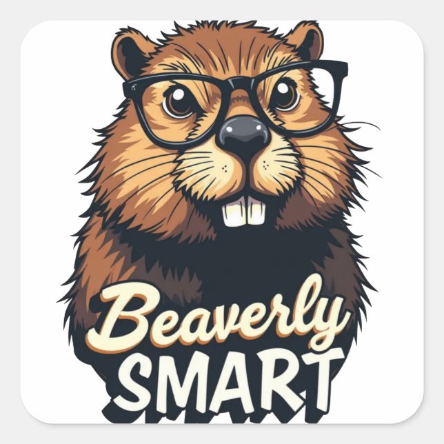Pegatina Cuadrada Beaverly Smart - Gráfica divertida de castores con (Anverso)