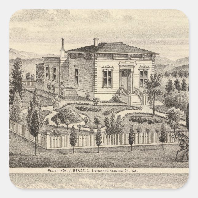 Pegatina Cuadrada Beazell, residencias inglesas, granjas (Anverso)