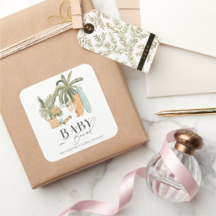 Pegatina Cuadrada Bebé a bordo Palm Tree Surfboard Baby Shower