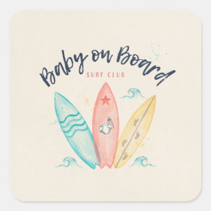 Pegatina Cuadrada Bebé a Bordo Surfboard Baby Shower