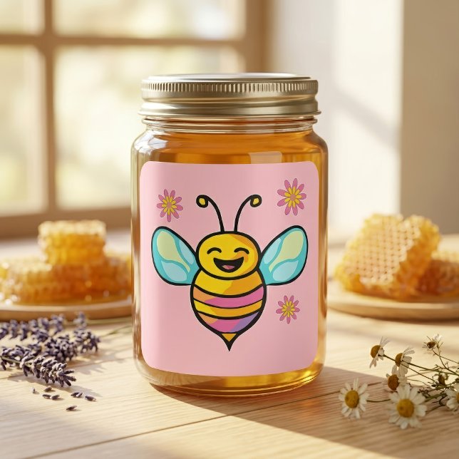 Pegatina Cuadrada Bebé Abeja Kawaii Sonriente Feliz con Flores Linda (Happy Smiling Kawaii Baby Bee with Cute Flowers. Square Sticker)