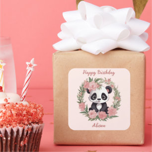 Pegatina Cuadrada Bebé Adorable Panda Bear con Flores