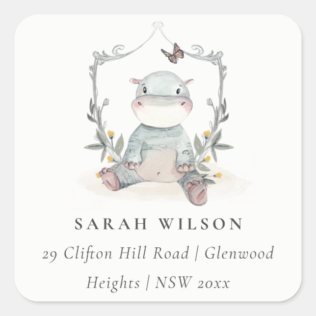 Pegatina Cuadrada Bebé amarillo lindo Hippo Dirección de globo (Anverso)