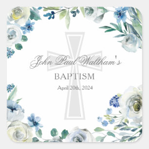 Pegatina Cuadrada Bebé Baptismo Cute Floral Azul Cruz Religiosa