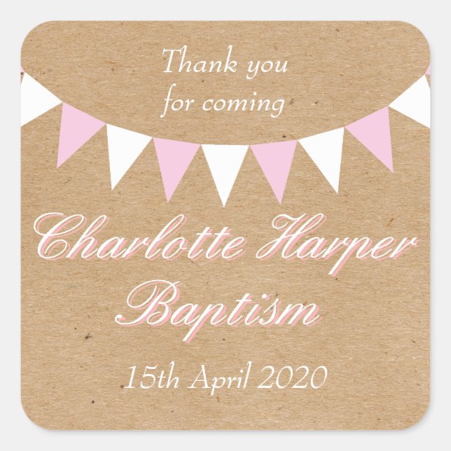 Pegatina Cuadrada Bebé Bunting Baptism Pink Christening Favor (Anverso)