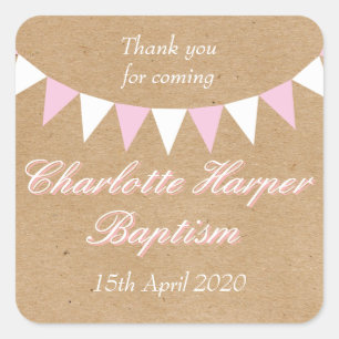 Pegatina Cuadrada Bebé Bunting Baptism Pink Christening Favor