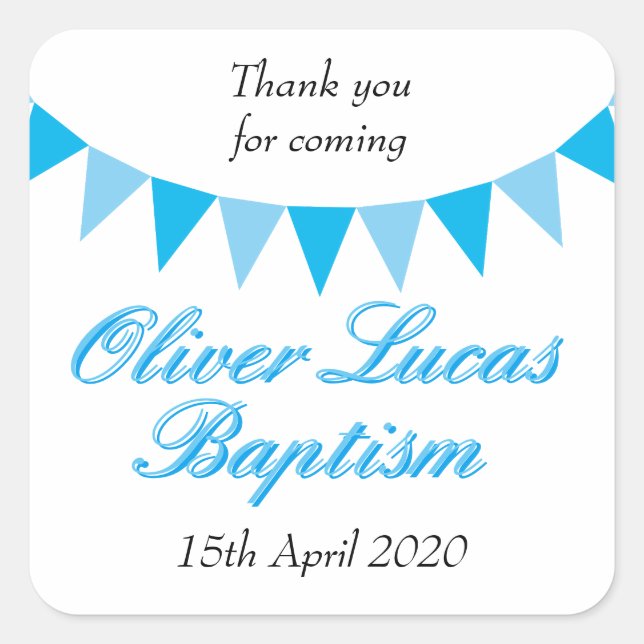 Pegatina Cuadrada Bebé Bunting Blue Baptism Christening Favor (Anverso)