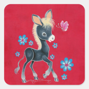 Pegatina Cuadrada Bebé Burro Femenino Con Flores