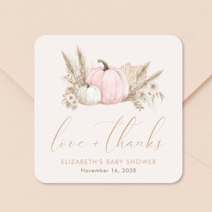 Pegatina Cuadrada Bebé Calabacita Otoño Shower de Niña Gracias